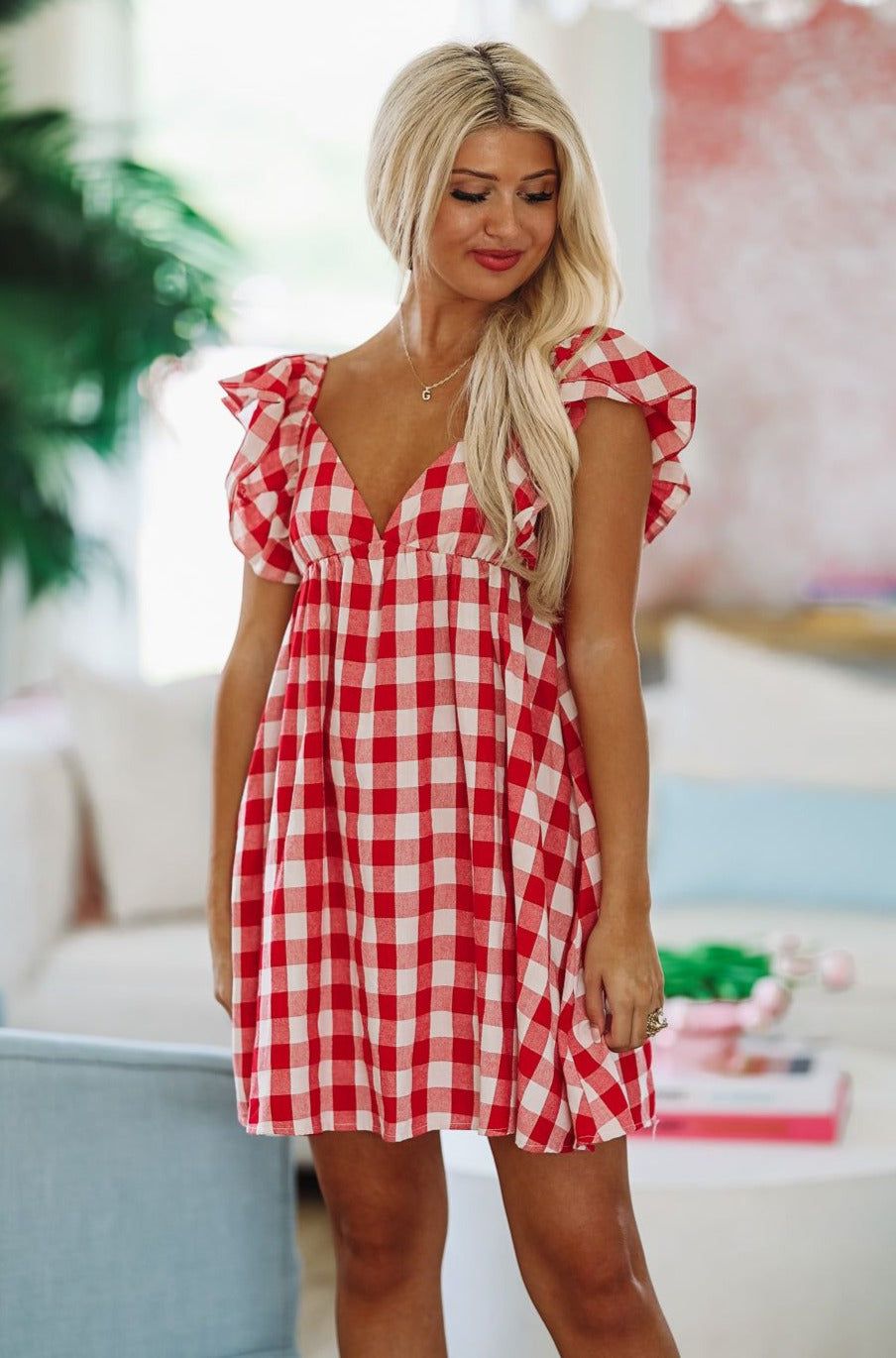 Maia Gingham Mini Dress - White