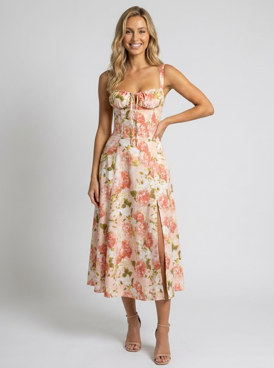 Kiara Floral Backless Maxi Dress - Coral Rose