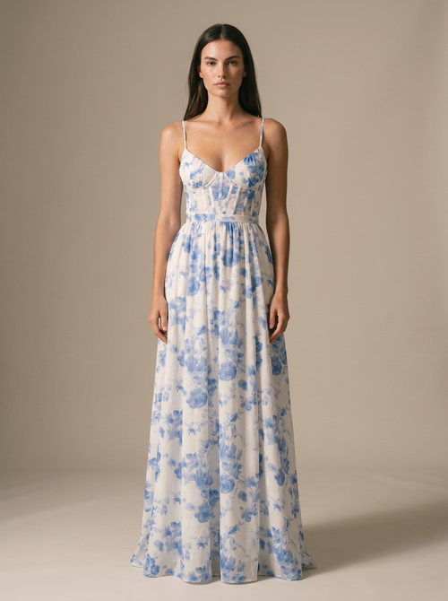 Monroe Maxi Dress - Blue Meadow, front
