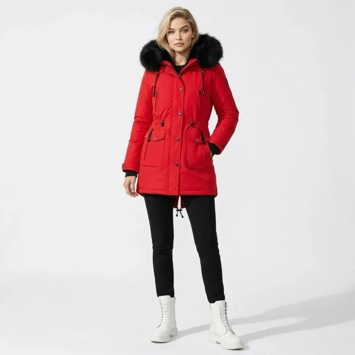 Hailey Faux Hooded Parka Jacket - Red