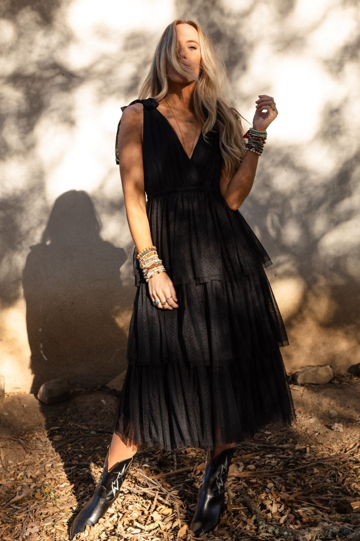 Iseult Tiered Tulle Midi Dress - Black