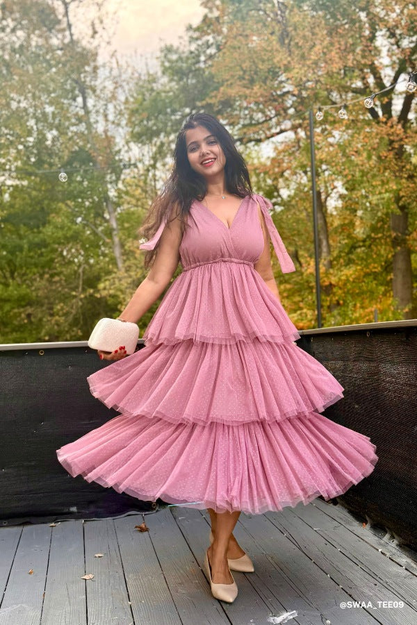 Iseult Tiered Tulle Midi Dress - Mauve