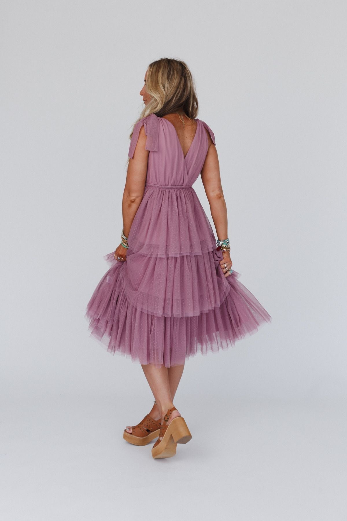 Iseult Tiered Tulle Midi Dress - Mauve