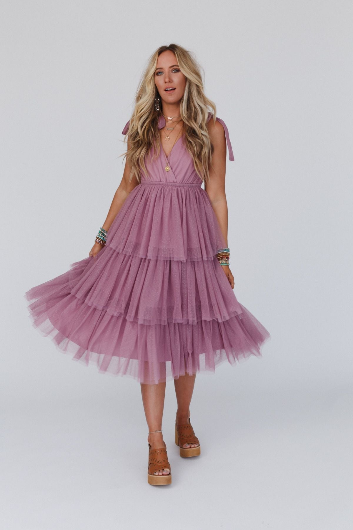 Iseult Tiered Tulle Midi Dress - Mauve