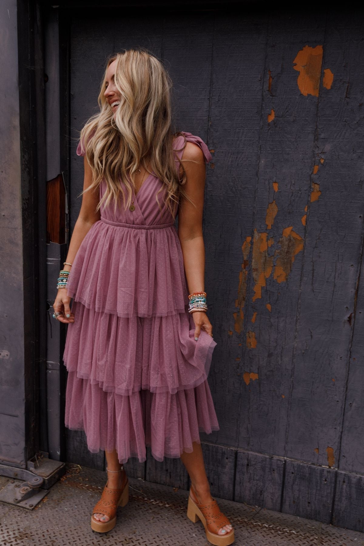 Iseult Tiered Tulle Midi Dress - Mauve