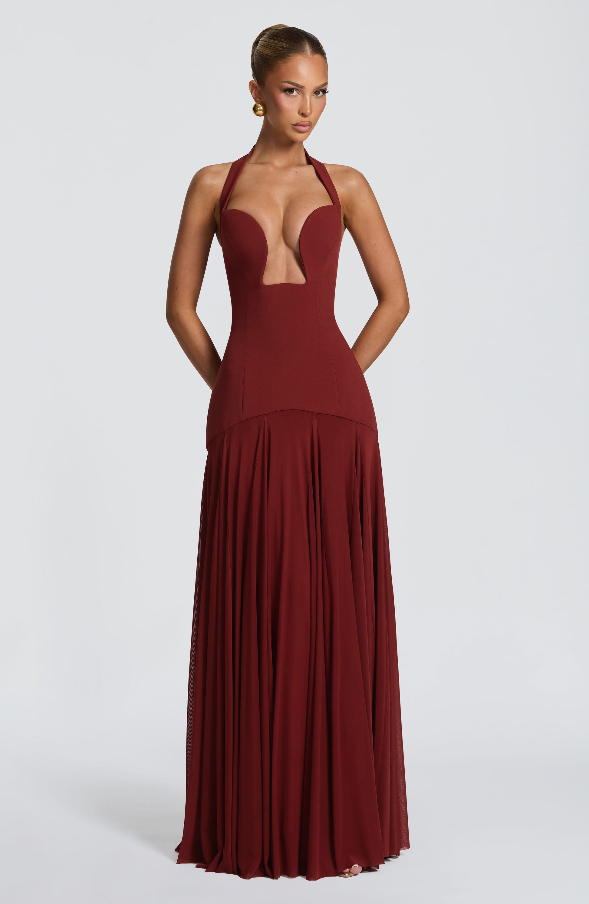 Jada Mesh Plunge Maxi Dress - Red