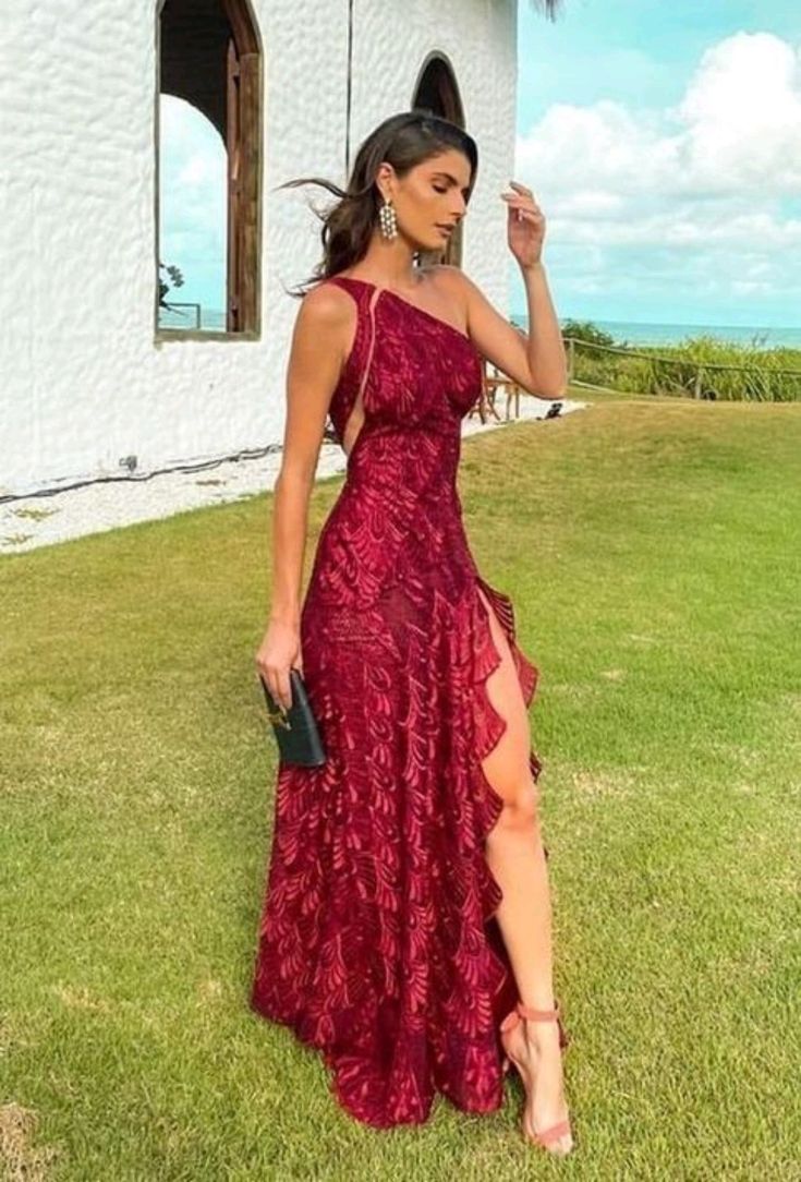 Josiane One Shoulder Lace Maxi Dress - Wine