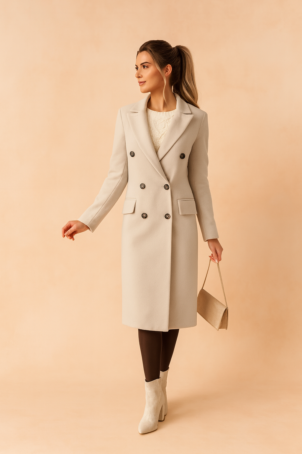 Kendal Double Breasted Tailored Long Coat - Beige