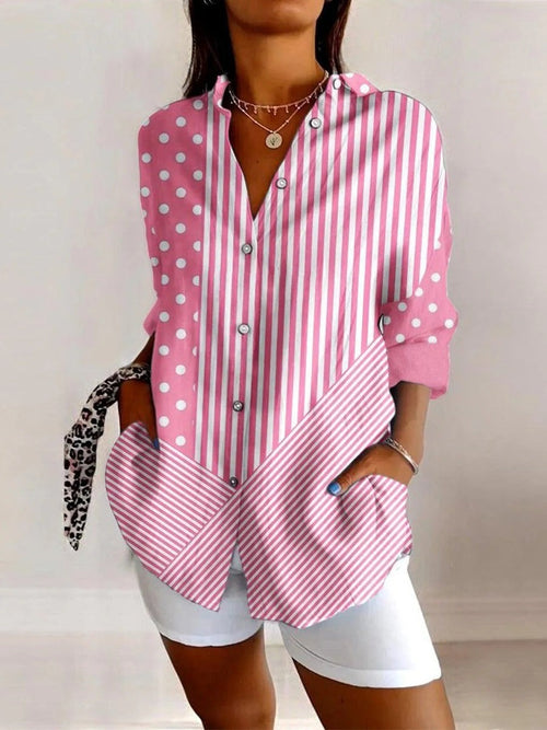 Abelia Stripe Polka Dot Button-Up Shirt - Pink