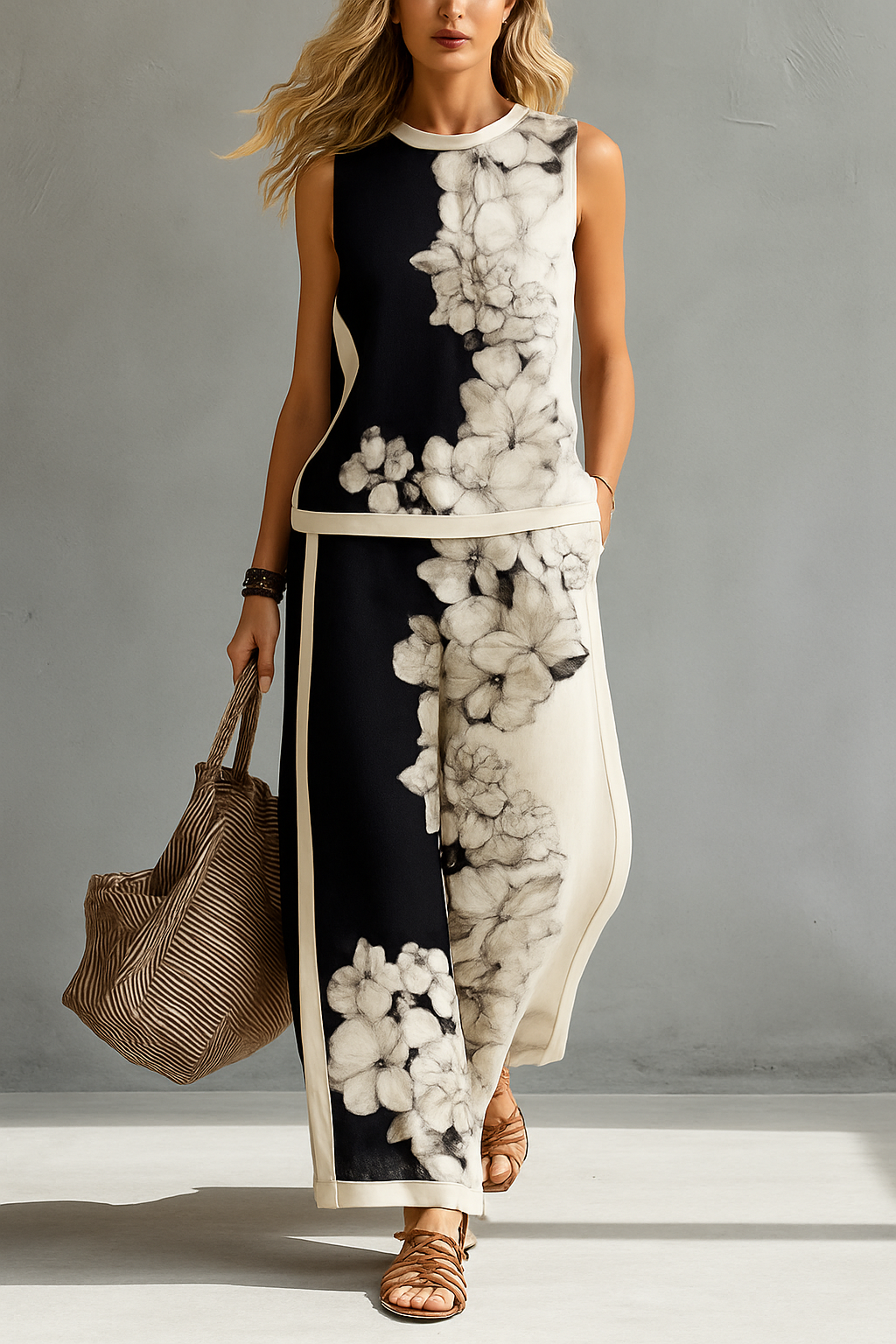 Adara Sleeveless Floral Wide Leg Pant Set - Black and Ivory Floral