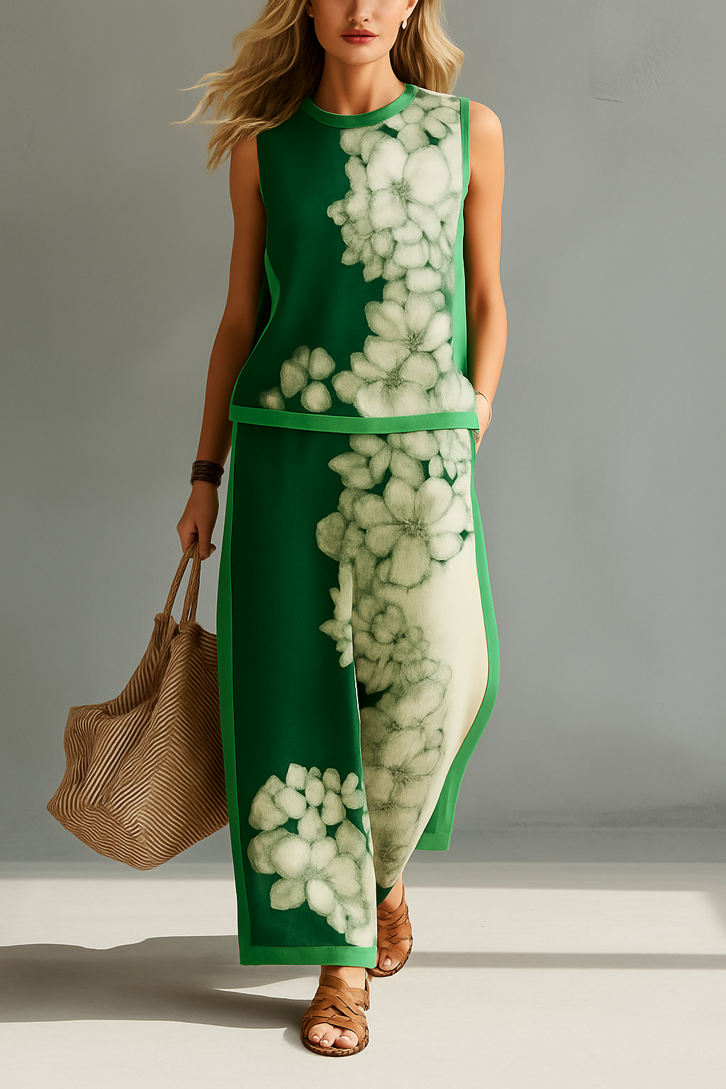 Adara Sleeveless Floral Wide Leg Pant Set - Emerald Green Floral