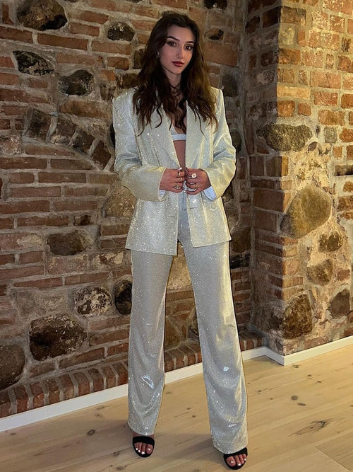 Adele Glitter Blazer Trouser Set - Silver