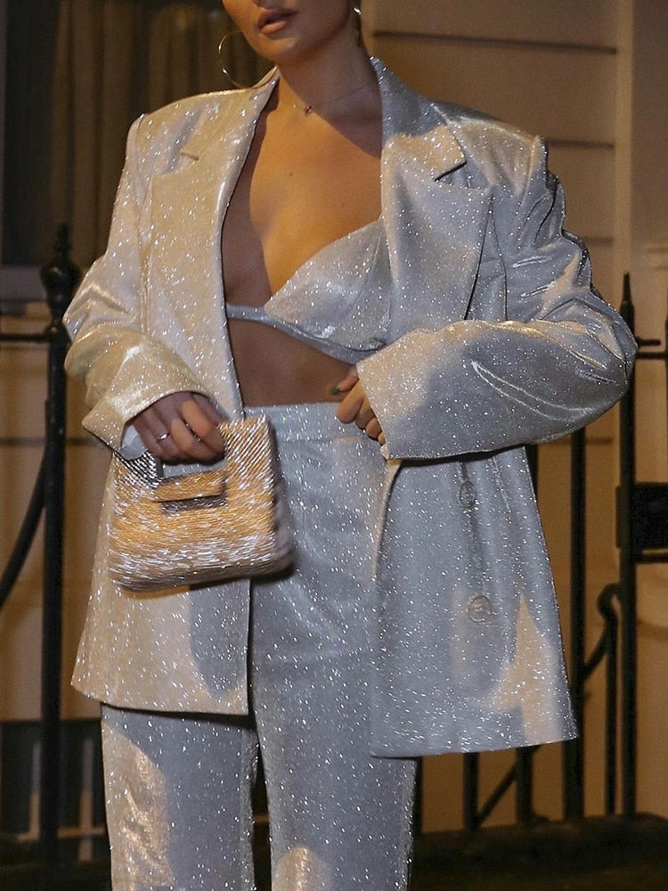 Adele Glitter Blazer Trouser Set - Silver