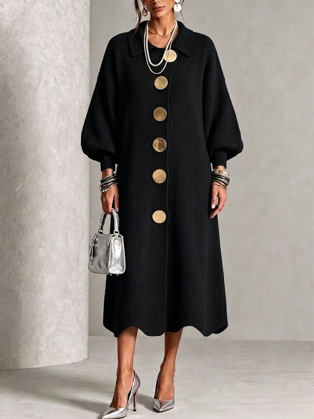 Aeliana Button-Front Midi Dress - Black