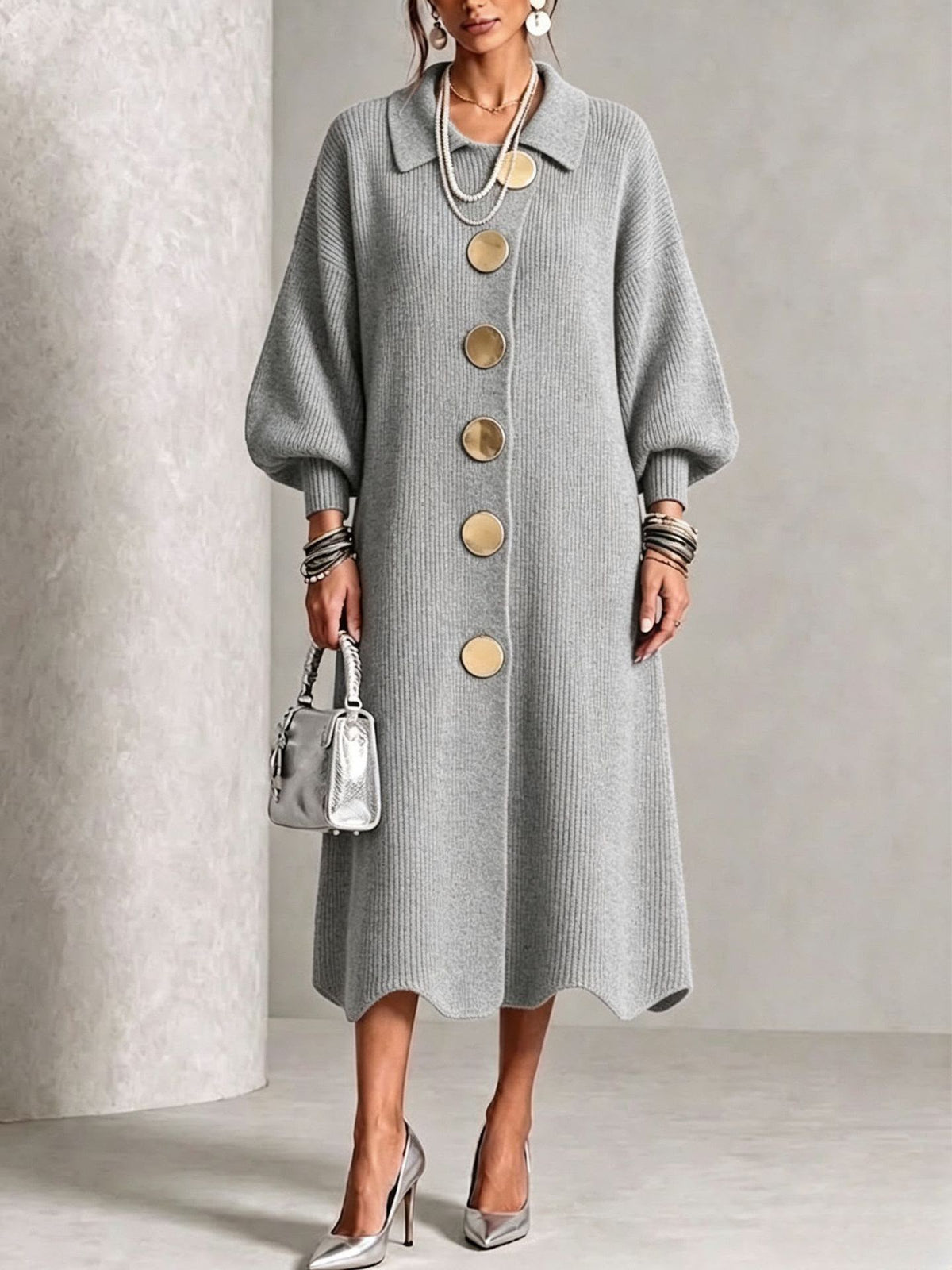 Aeliana Button-Front Midi Dress - Gray