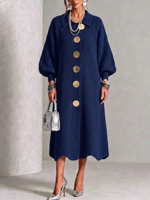 Aeliana Button-Front Midi Dress - Navy Blue