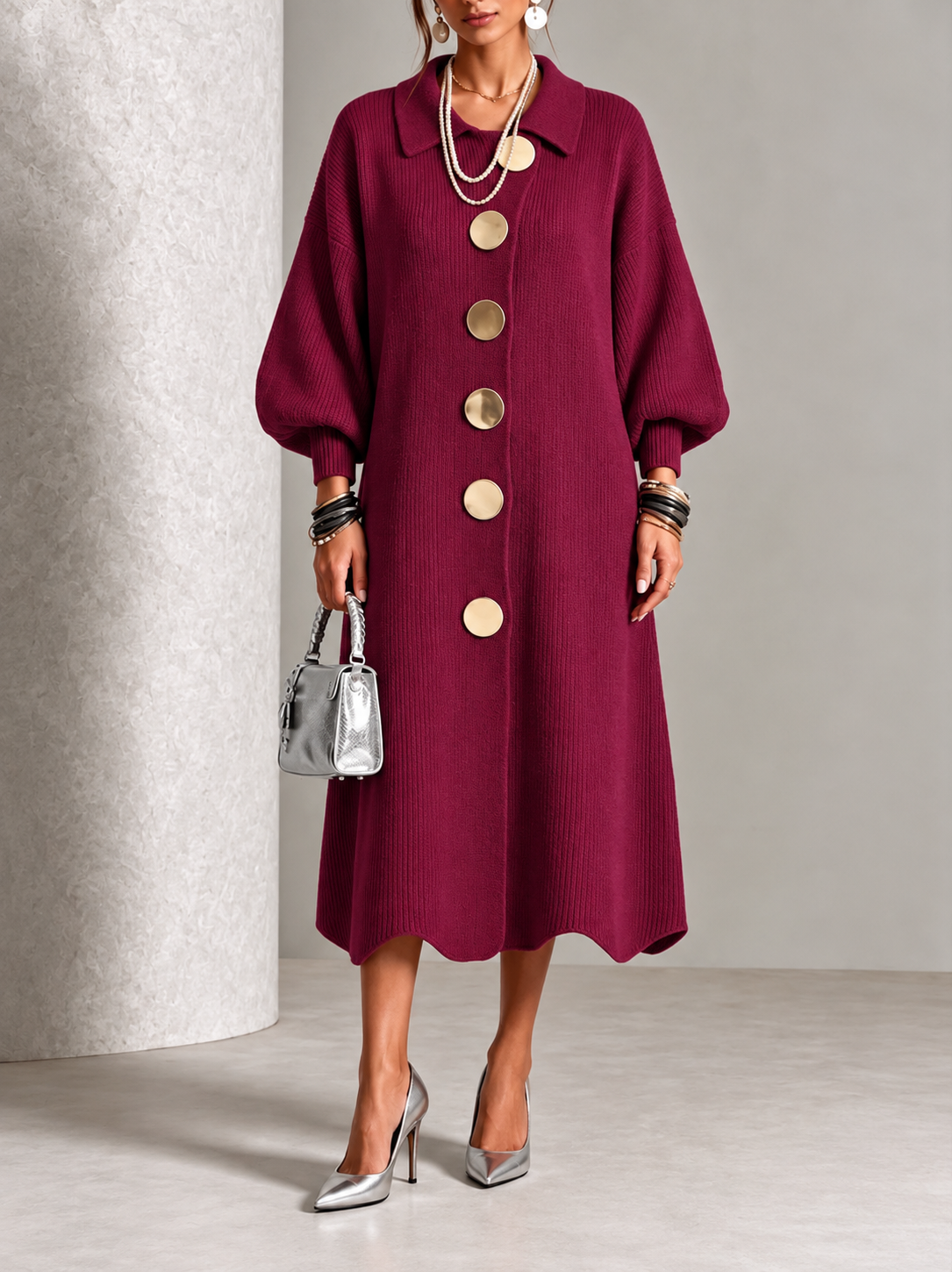 Aeliana Button-Front Midi Dress - Red