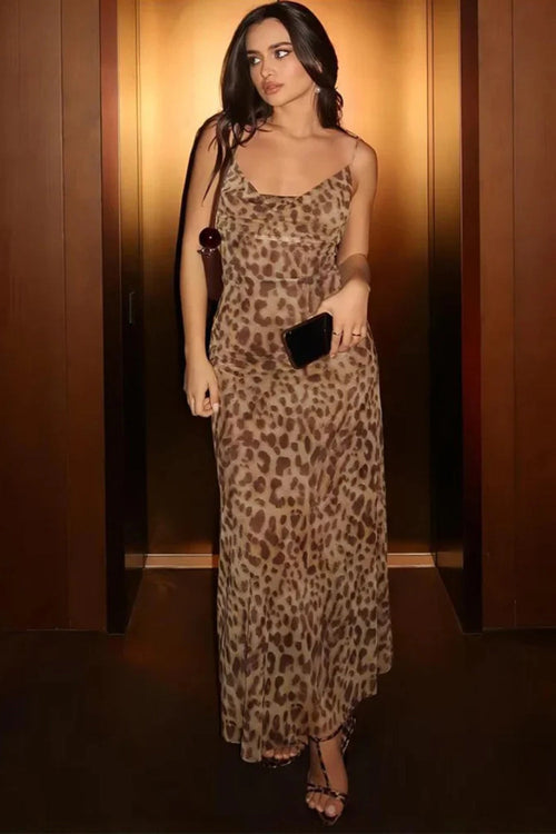 Aelin Leopard Print Cowl Neck Maxi Dress - Tan Leopard
