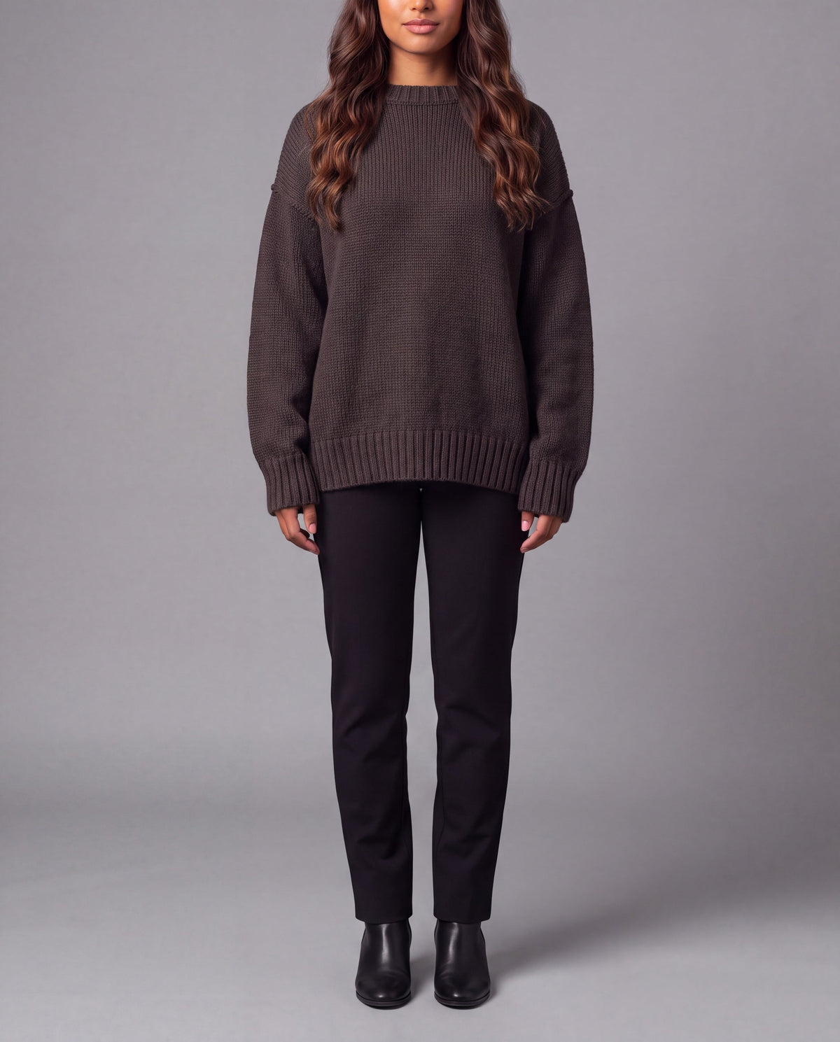Aida Crew-Neck Knit Top - Chocolate