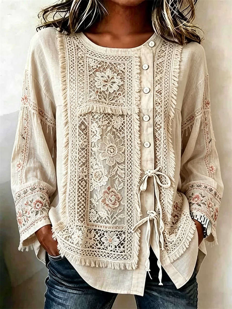 Aisling Fringe Trim Embroidered Blouse - Beige