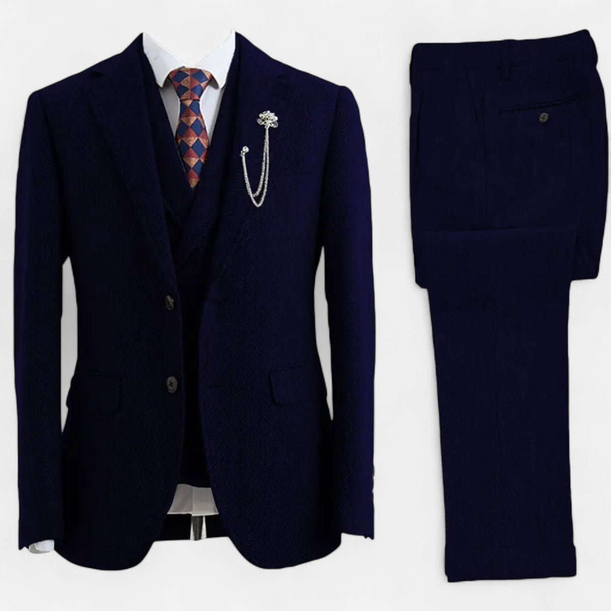 Alden Herringbone Three-Piece Suit - Dark Blue