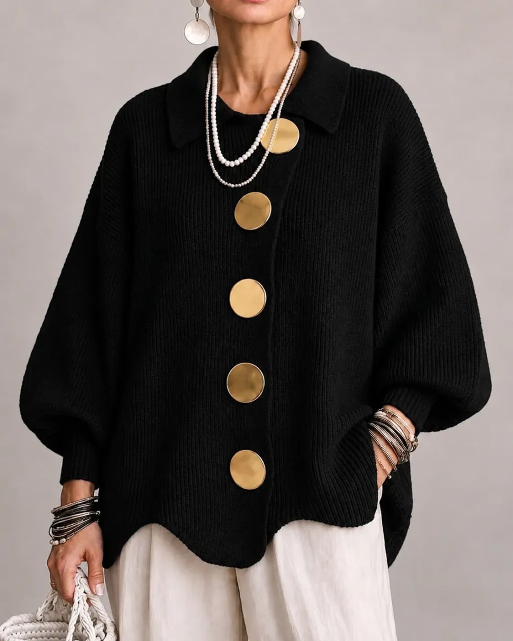 Alessa Collared Knit Top - Black