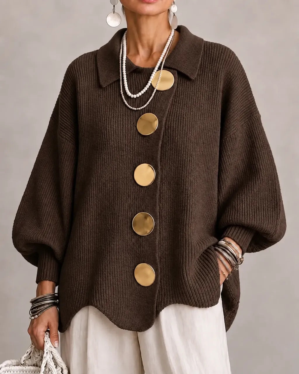 Alessa Collared Knit Top - Brown