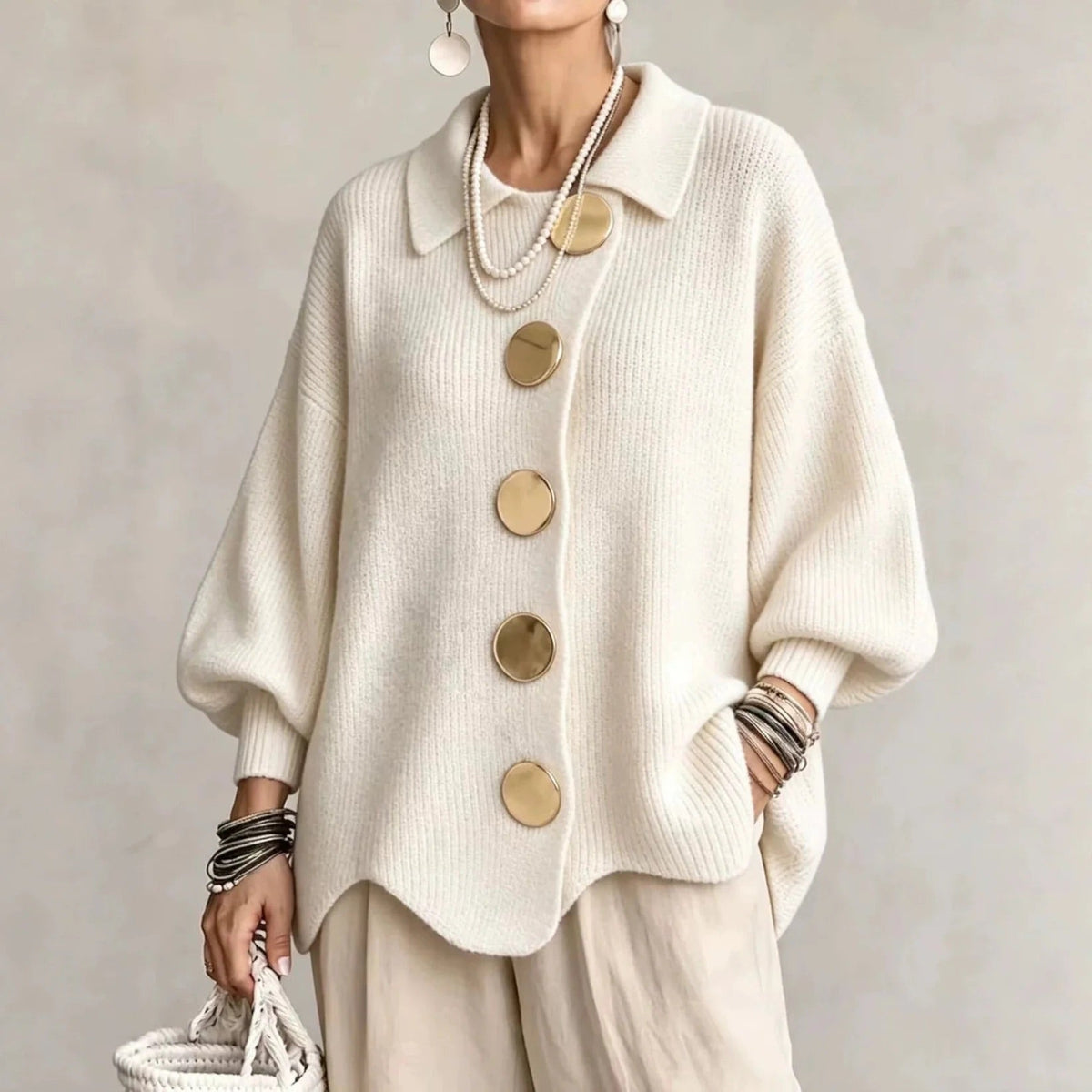 Alessa Collared Knit Top - Cream