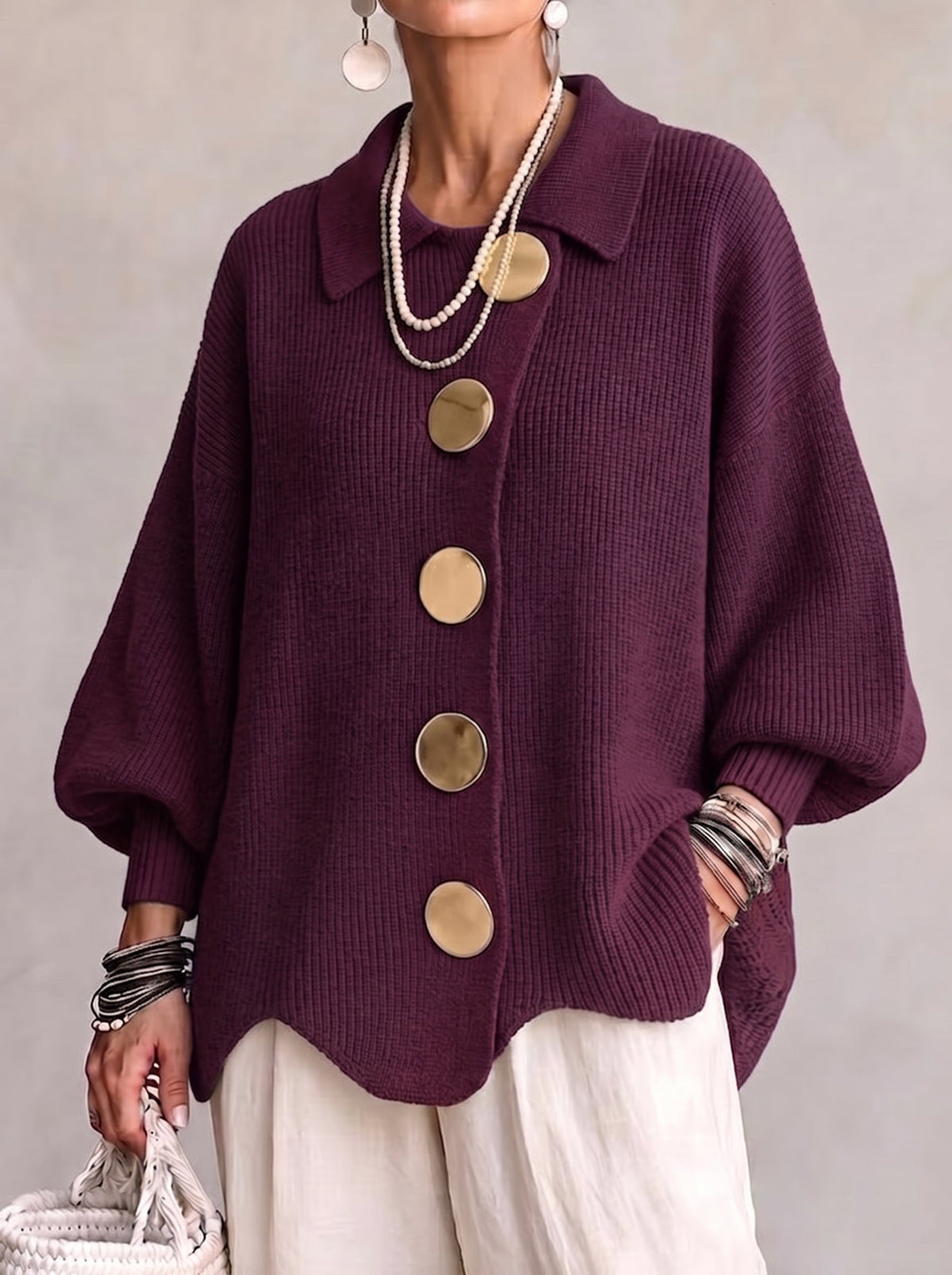 Alessa Collared Knit Top - Wine