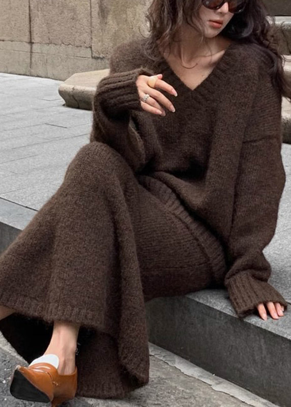 Aleta V-Neck Knit Sweater Skirt Set - Chocolate Brown