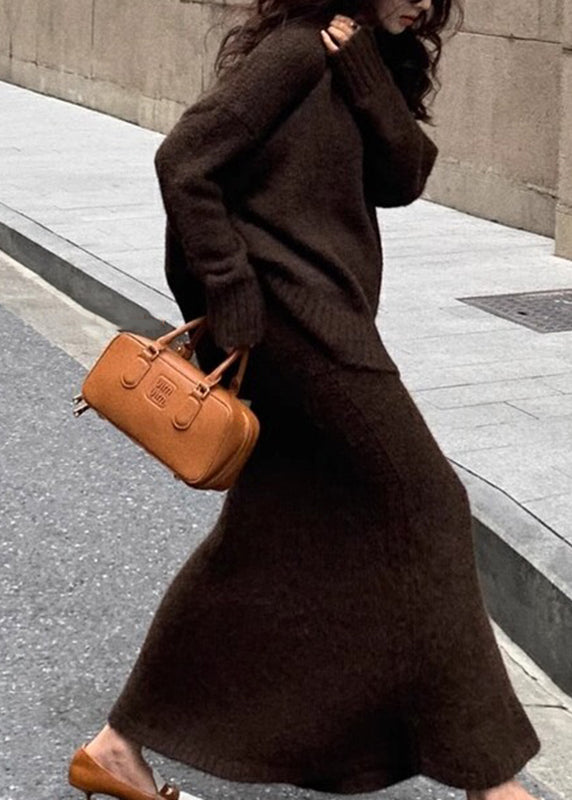 Aleta V-Neck Knit Sweater Skirt Set - Chocolate Brown