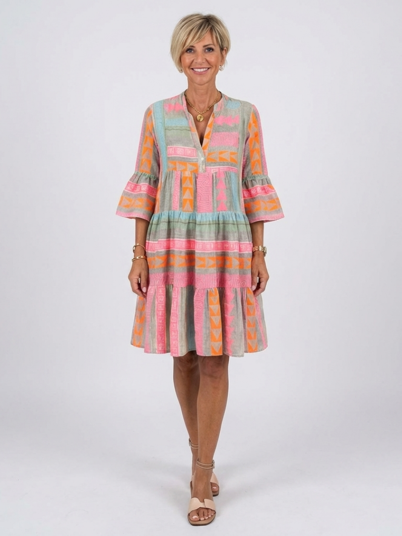 Aletta Geometric Print Tiered Mini Dress - Pink and Sage Geometric