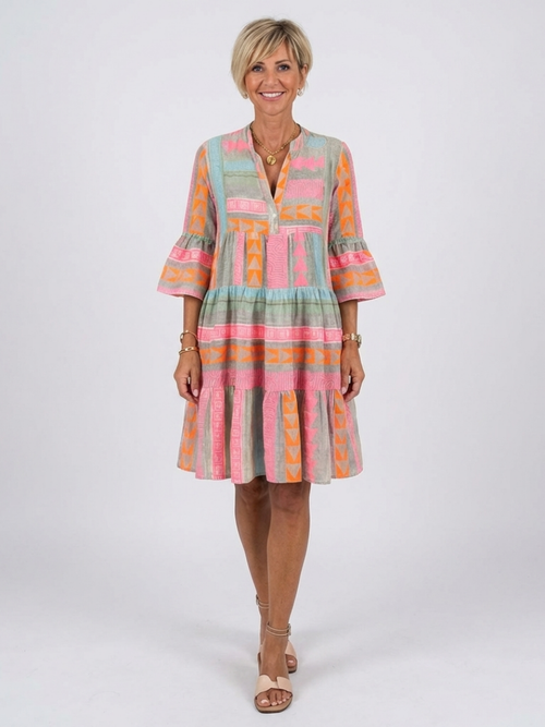 Aletta Geometric Print Tiered Mini Dress - Pink and Sage Geometric