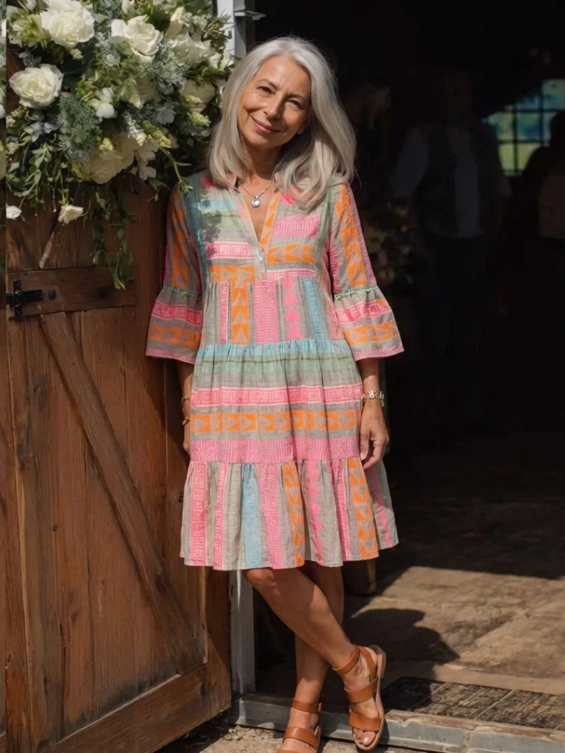 Aletta Geometric Print Tiered Mini Dress - Pink and Sage Geometric