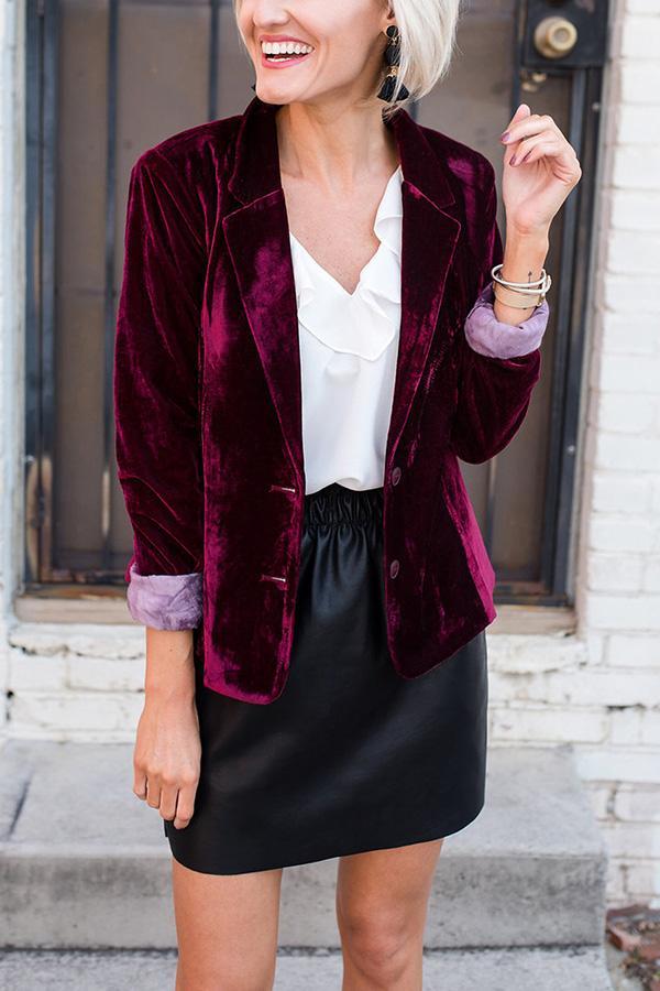 Almira Notched Lapel Velvet Blazer - Burgundy