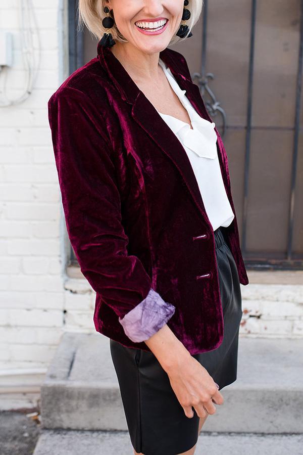 Almira Notched Lapel Velvet Blazer - Burgundy