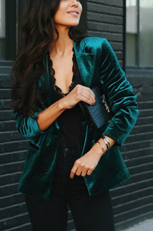 Almira Notched Lapel Velvet Blazer - Emerald Green