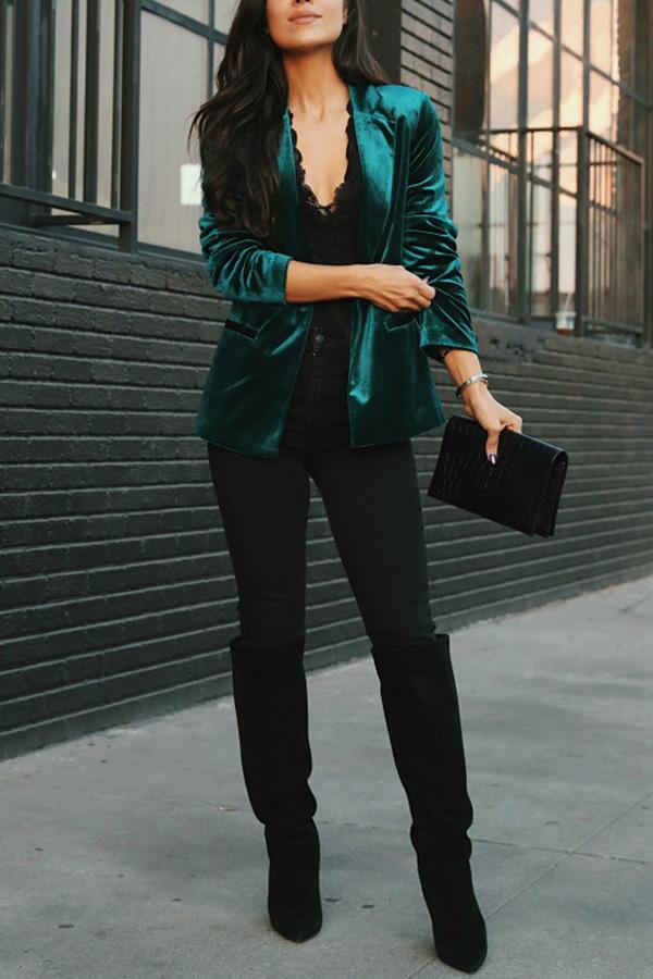 Almira Notched Lapel Velvet Blazer - Emerald Green