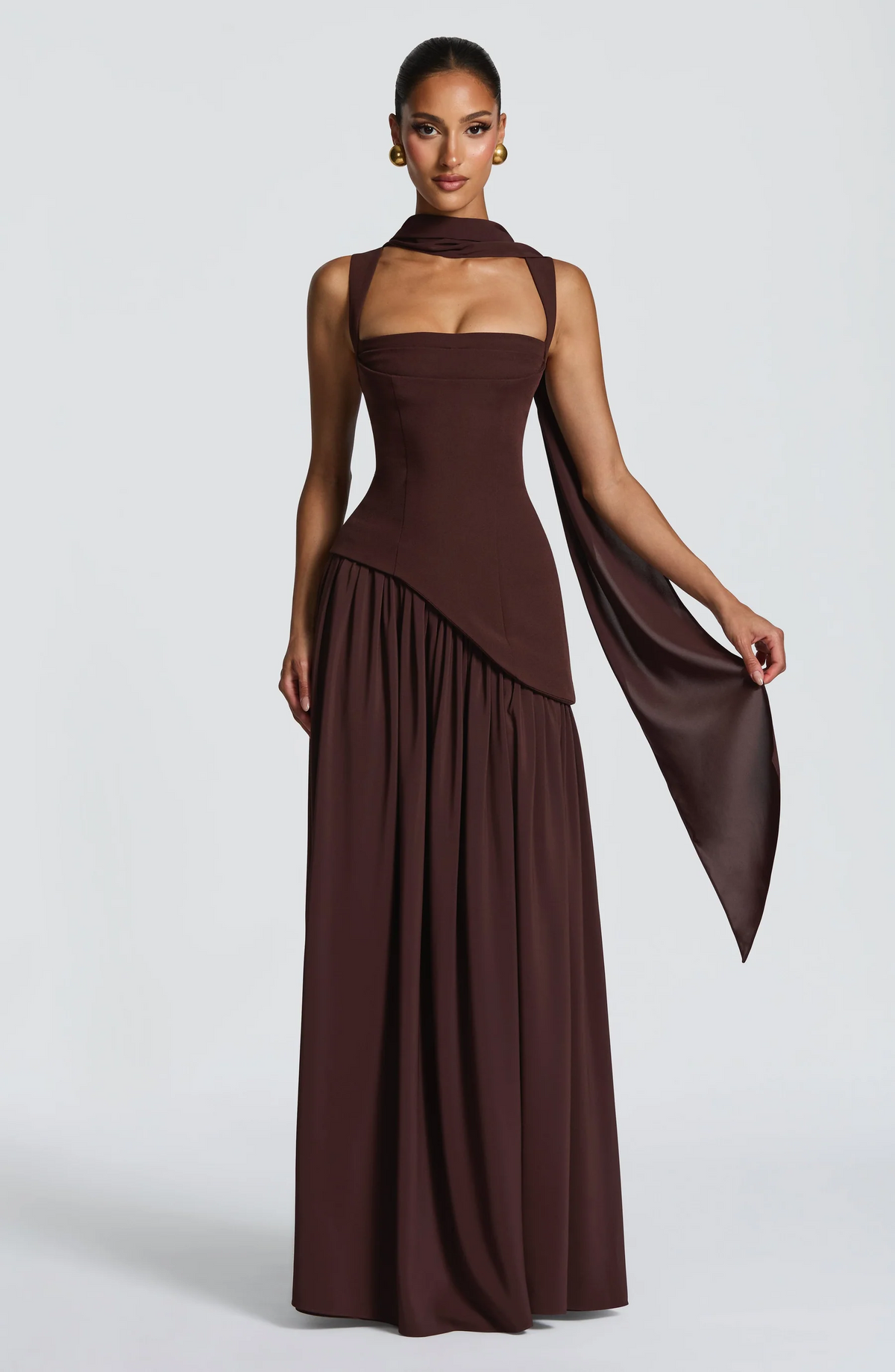 Anja Satin Square-Neck Maxi Dress - Brown