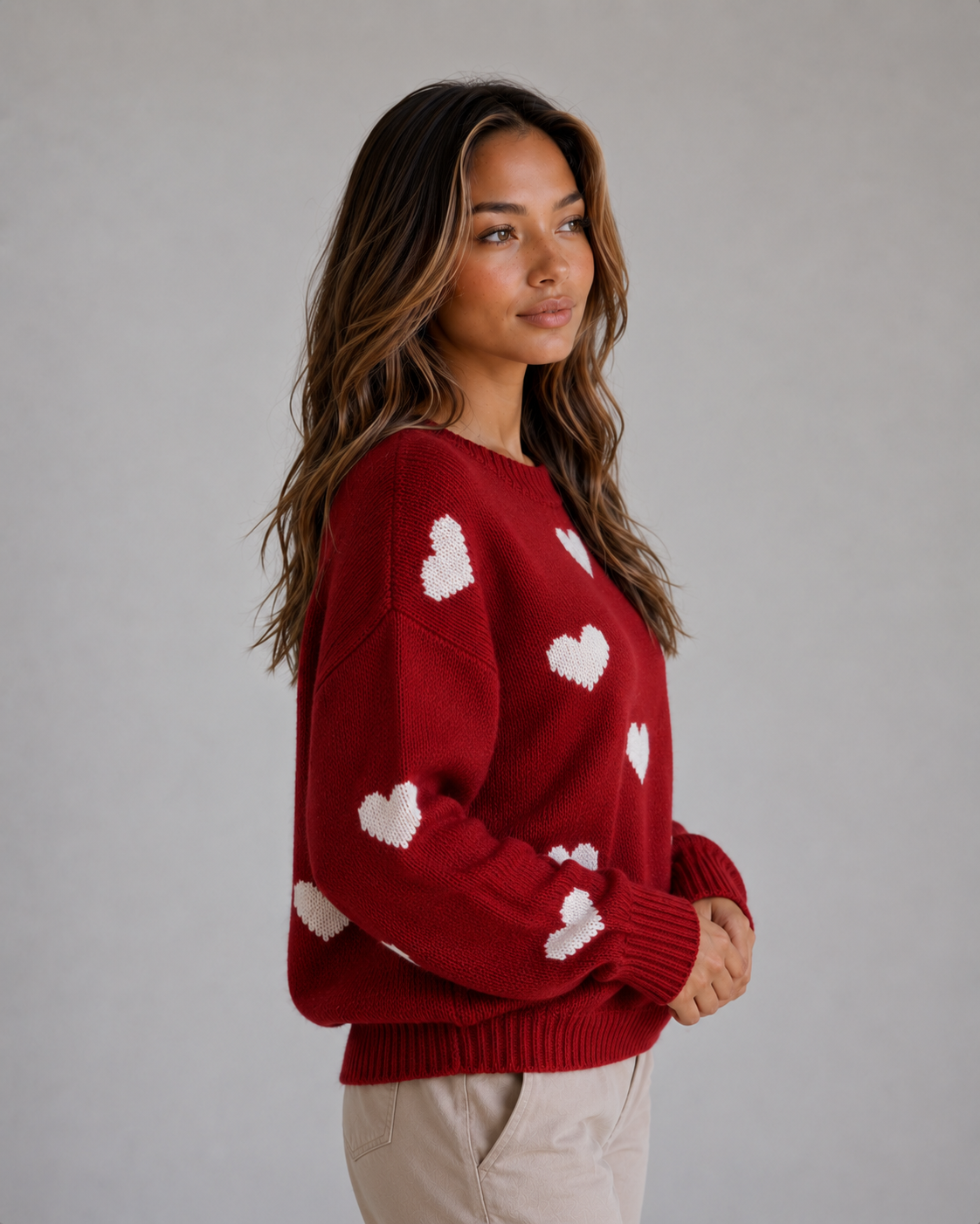 Ardelle Heart Print Crew Neck Sweater - Red Heart Print