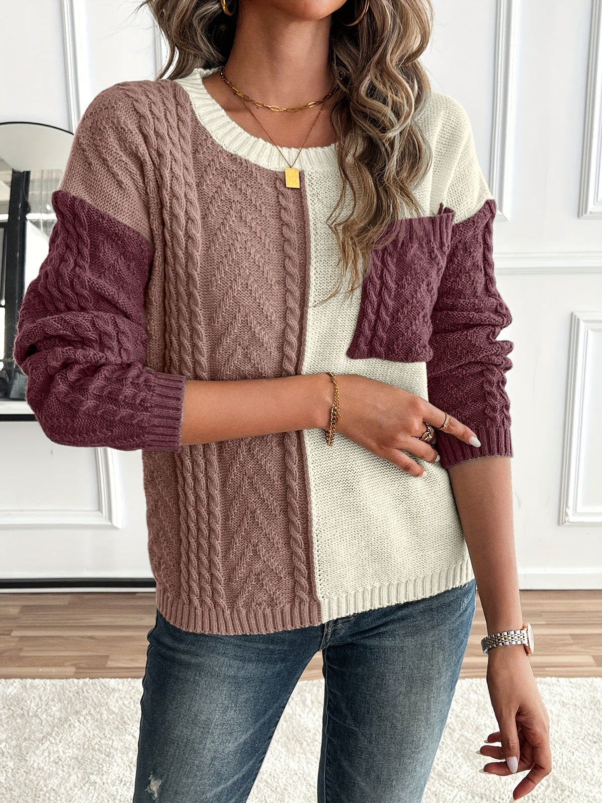 Arla Colorblock Cable Knit Sweater - Burgundy Colorblock