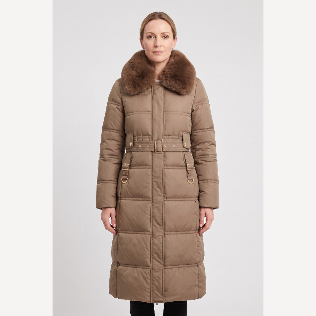 Astera Contrast Collar Longline Puffer Coat - Brown