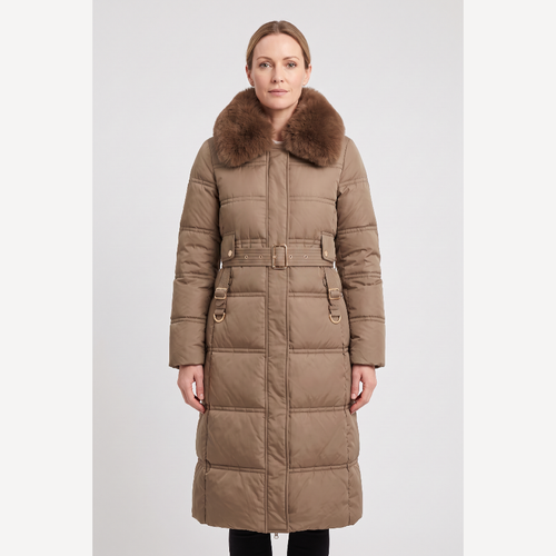Astera Contrast Collar Longline Puffer Coat - Brown