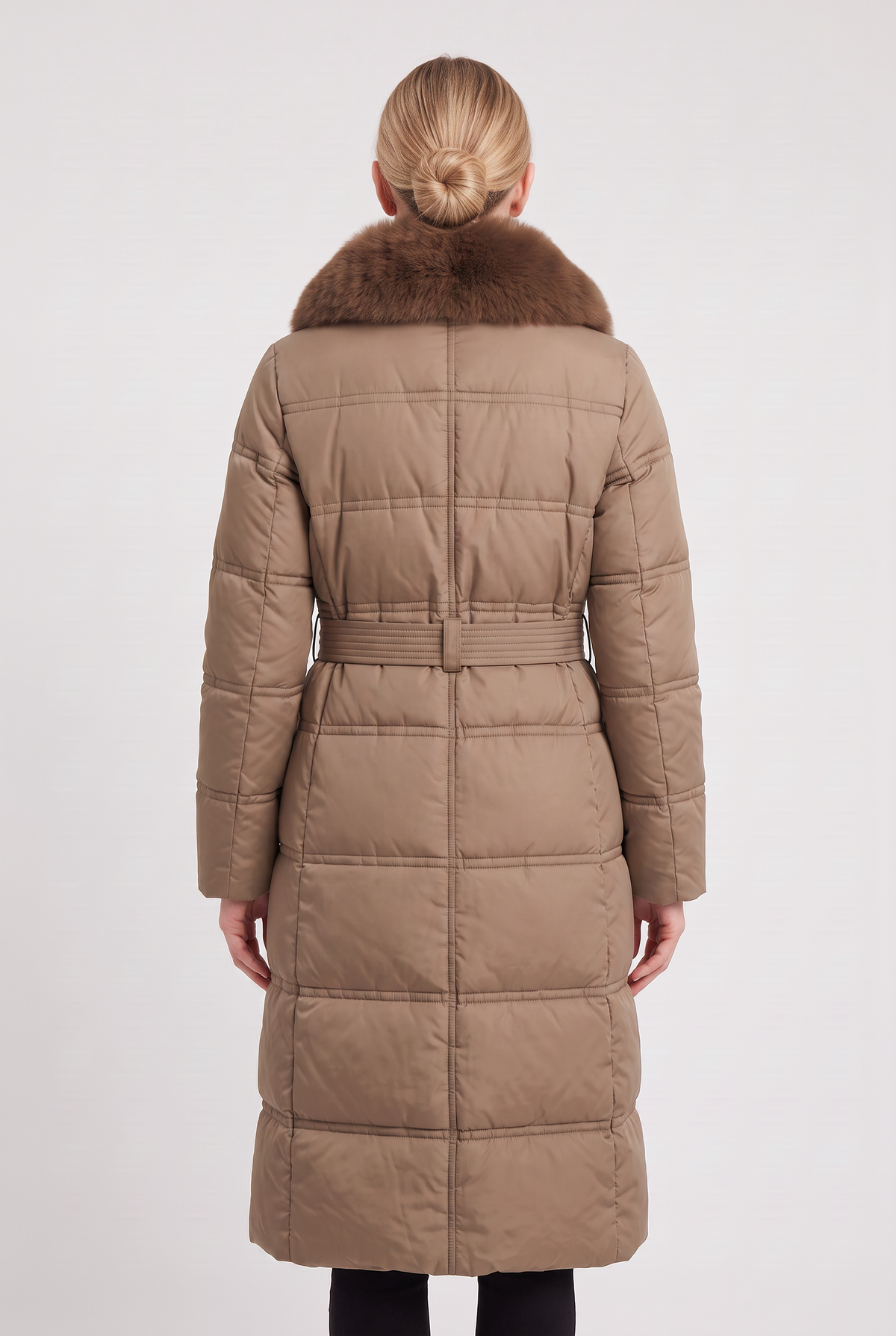 Astera Contrast Collar Longline Puffer Coat - Brown