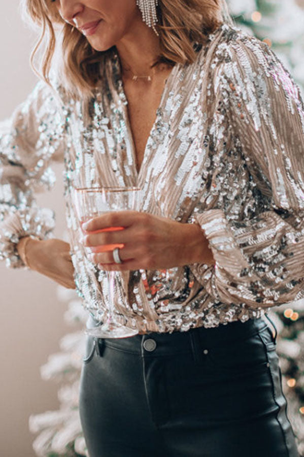 Augusta Sequin Long Sleeve Wrap Top - Silver