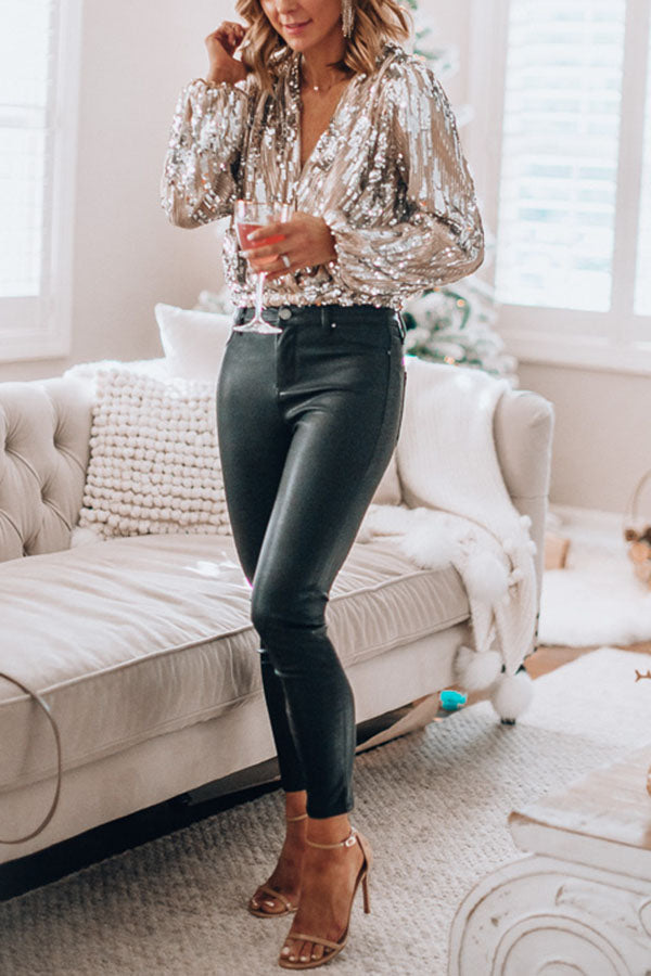 Augusta Sequin Long Sleeve Wrap Top - Silver