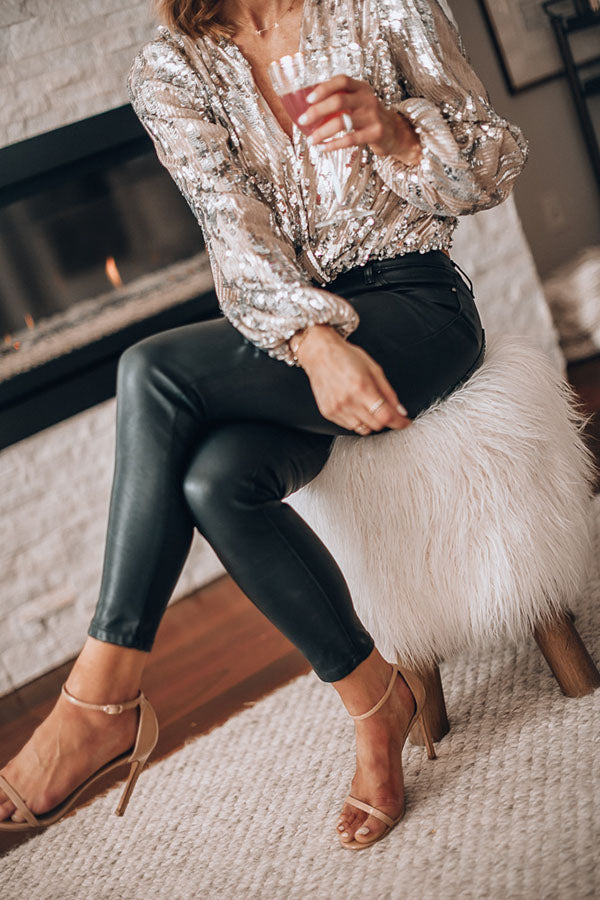 Augusta Sequin Long Sleeve Wrap Top - Silver