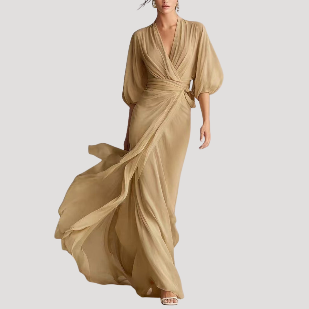 Avril Wrap Balloon Sleeve Maxi Dress - Beige