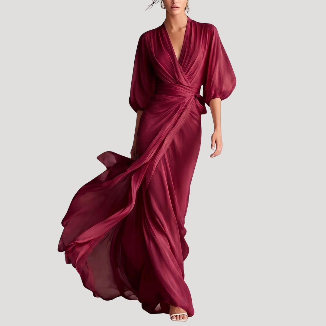 Avril Wrap Balloon Sleeve Maxi Dress - Burgundy
