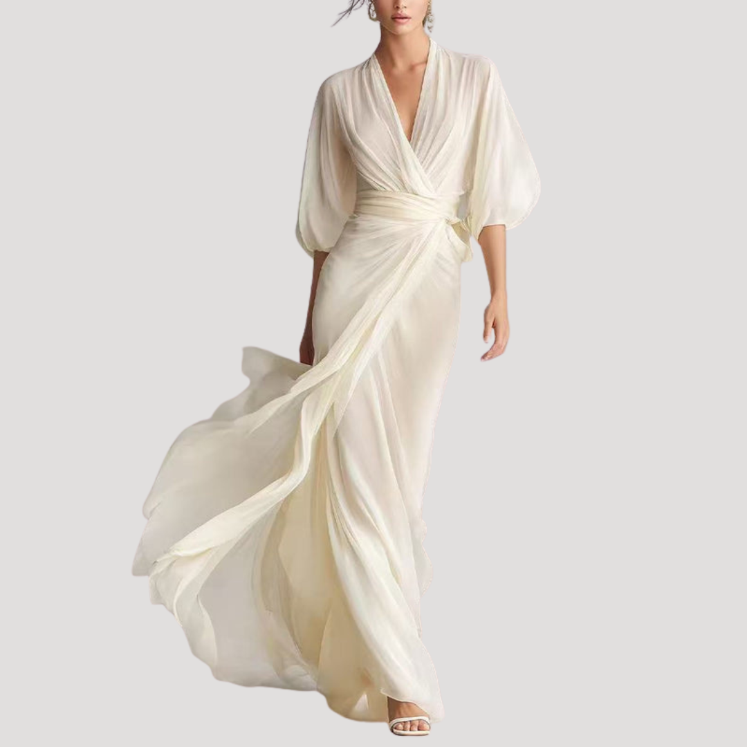 Avril Wrap Balloon Sleeve Maxi Dress - Cream
